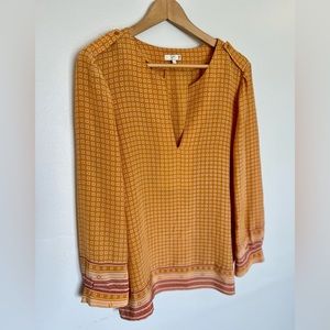 100% silk Joie brand mustard yellow geometric pattern blouse size large